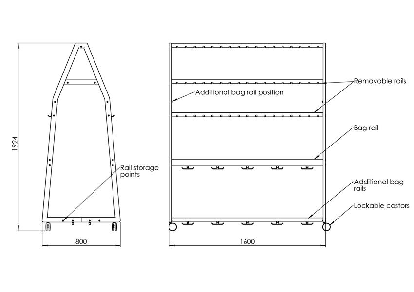 FLX102 Mobile Coat & Bag Rail Dimensions | Cloakroom Solutions