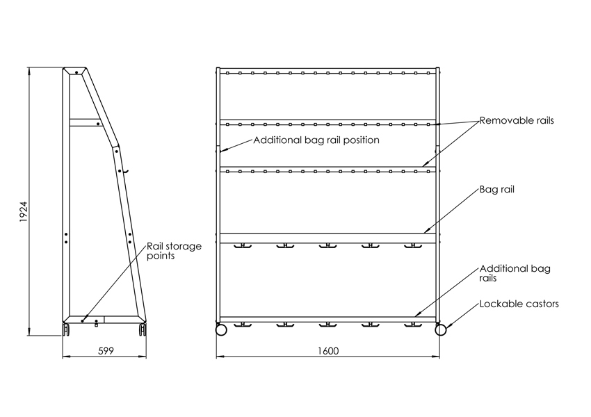 FLX51 Mobile Coat & Bag Rail Dimensions | Cloakroom Solutions