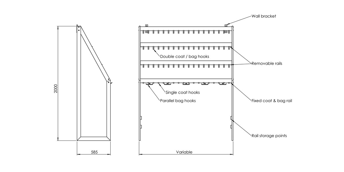 FS70x28-4L Multi-level Coat & Bag Rail Dimensions | Cloakroom Solutions